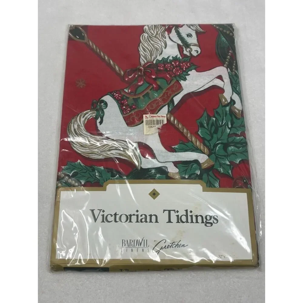 Vtg Bardwil Christmas Tablecloth Napkins Oblong‎ 52X70 Horse Victorian Tidings
